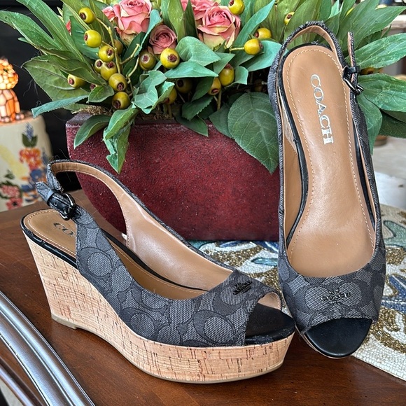 COACH Black Signature C Peep Toe Slingback Cork Wedges Sandals Metal Logo - Picture 1 of 16